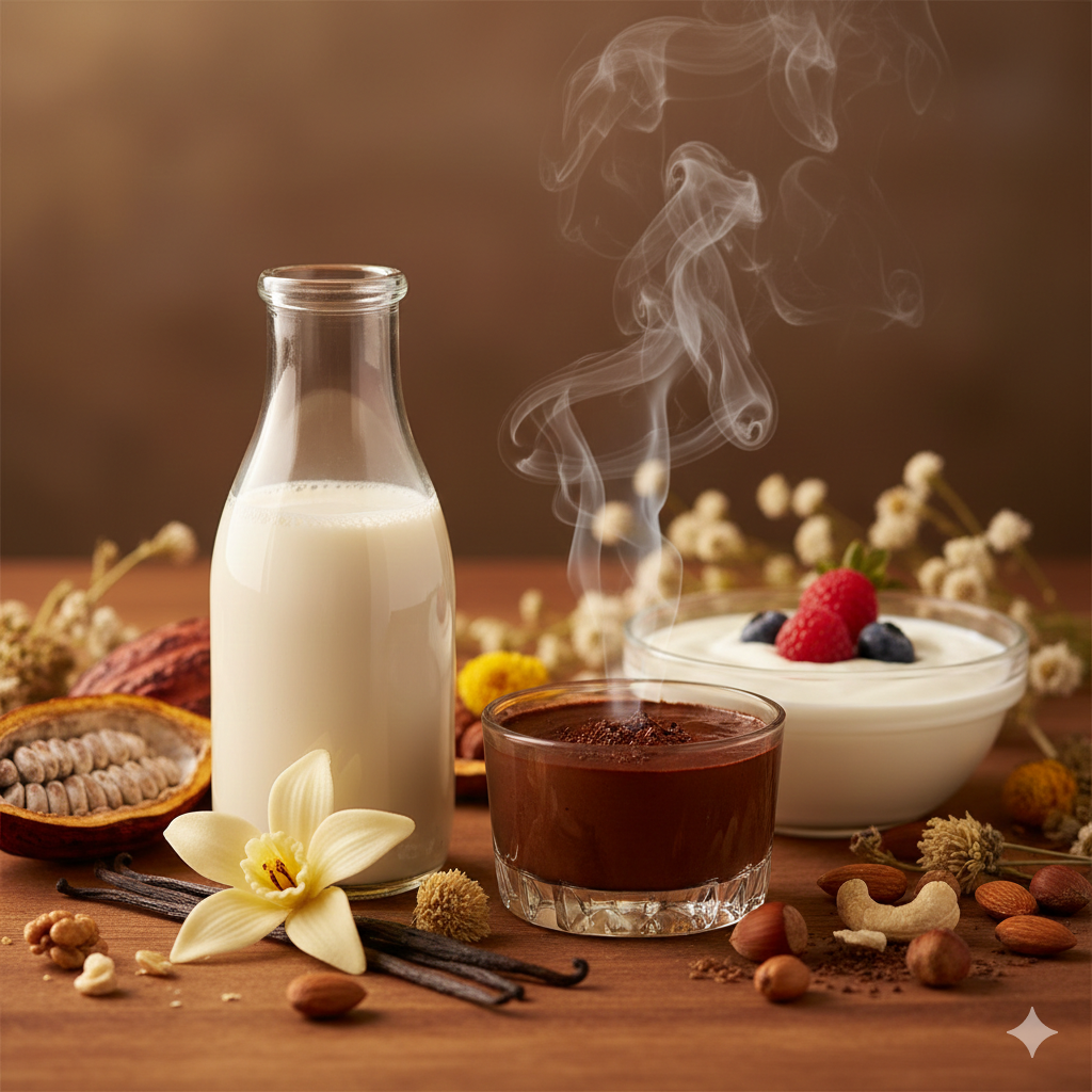 Plant-based dairy alternatives with vanilla, cocoa, and botanicals, illustrating how natural flavor and fragrance ingredients enhance aroma and taste in plant-based foods.