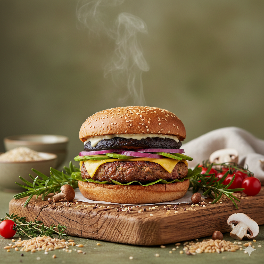 Plant-based burger surrounded by natural flavor ingredients like herbs, mushrooms, and grains, highlighting the role of natural flavors in plant-based foods.